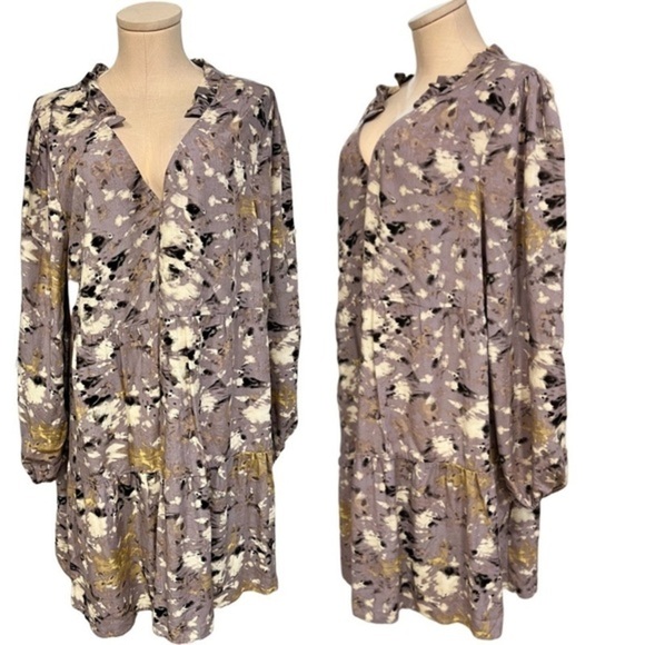 True Craft Lavender Long Sleeve Rayon Dress with Watercolor Pattern - Picture 1 of 12
